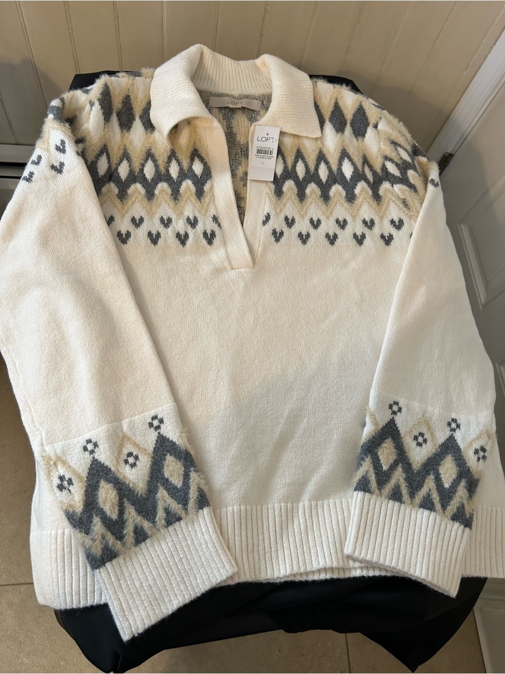 NWT LOFT Fair Isle Polo Collar Sweater Knit Ivory/Woman’s Size Large